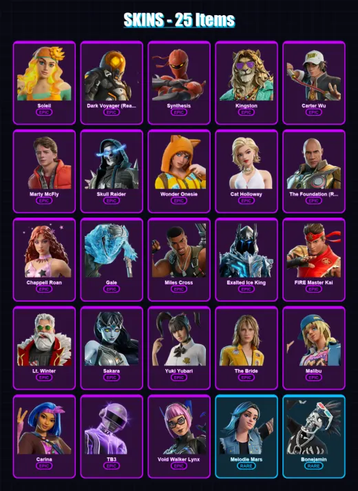 [PC/PSN] | Soleil | Dark Voyager (Reality Redacted) | Synthesis | Kingston | Carter Wu | 25 skin | 36 pickaxe | 25 emote | 19 glider | Lv150