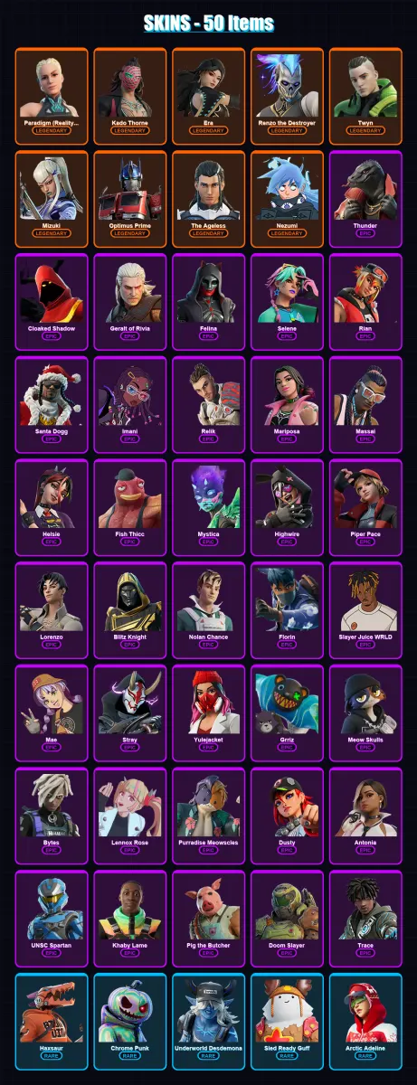 [PS4/PS5/PC] | Paradigm (Reality-659) | Kado Thorne | Era | Renzo the Destroyer | Twyn | 50 skin | 122 pickaxe | 87 emote | 92 glider | Lv1256
