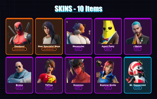 [PC] | Deadpool | Gear Specialist Maya | Meowscles | Agent Peely | J Balvin | 10 skin | 15 pickaxe | 14 emote | 15 glider | Lv163