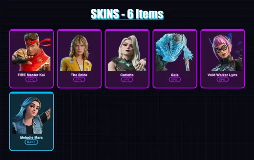 [PC] | FIRE Master Kai | The Bride | Carletta | Gale | Void Walker Lynx | 6 skin | 4 pickaxe | 3 emote | 4 glider | Lv15 — Game account
