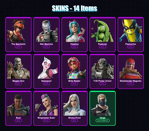 [PC/PSN] | The Machinist | War Machine | Katalina | Peabody | Peelverine | 14 skin | 19 pickaxe | 16 emote | 20 glider | Lv220