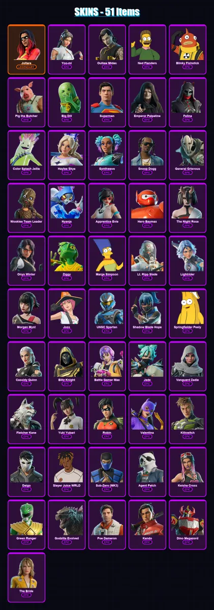 [PC/XBOX/PSN] | Joltara | Yoo-mi | Outlaw Midas | Ned Flanders | Blinky Fishstick | 51 skin | 86 pickaxe | 58 emote | 61 glider | Lv924