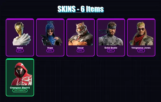 [PC/XBOX/PSN] | Nisha | Hope | Oscar | Solid Snake | Vengeance Jones | 6 skin | 11 pickaxe | 9 emote | 10 glider | Lv146 — Game account