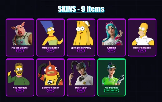 [PC/XBOX/PSN] | Pig the Butcher | Marge Simpson | Springfielder Peely | Katalina | Homer Simpson | 9 skin | 34 pickaxe | 16 emote | 25 glider | Lv31