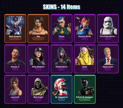 [PC/XBOX/PSN] | Spire Assassin | Raz | Tarana | Explorer Emilie | First Order Stormtrooper | 14 skin | 25 pickaxe | 19 emote | 23 glider | Lv294