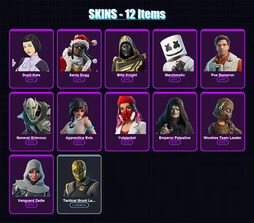 [PS4/PS5/XBOX/PC] | Dupli-Kate | Santa Dogg | Blitz Knight | Marshmello | Poe Dameron | 12 skin | 41 pickaxe | 22 emote | 26 glider | Lv334