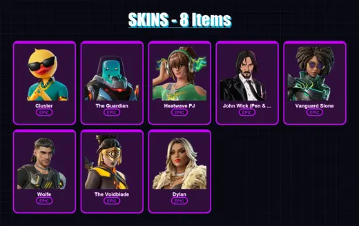 [PC/XBOX/PSN] | Cluster | The Guardian | Heatwave PJ | John Wick (Pen & Ink) | Vanguard Slone | 8 skin | 24 pickaxe | 19 emote | 25 glider | Lv397