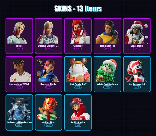[PC/PSN] | Jackie | Dueling Dragons Jackie | Yulejacket | Trailblazer Tai | Santa Dogg | 13 skin | 35 pickaxe | 25 emote | 34 glider | Lv465