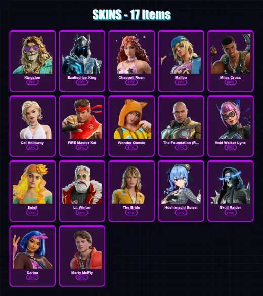 [PC/XBOX/PSN] | Kingston | Exalted Ice King | Chappell Roan | Malibu | Miles Cross | 17 skin | 21 pickaxe | 14 emote | 13 glider | Lv81