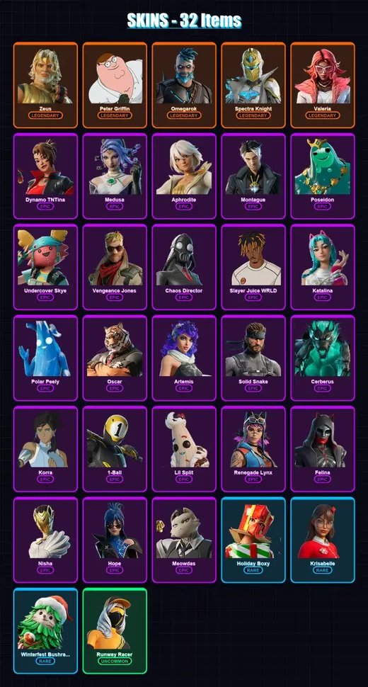[PC/XBOX/PSN] | Zeus | Peter Griffin | Omegarok | Spectra Knight | Valeria | 32 skin | 77 pickaxe | 46 emote | 63 glider | Lv920