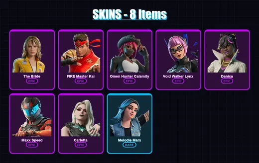 [PC/PSN] | The Bride | FIRE Master Kai | Omen Hunter Calamity | Void Walker Lynx | Danica | 8 skin | 4 pickaxe | 2 emote | 1 glider | Lv4