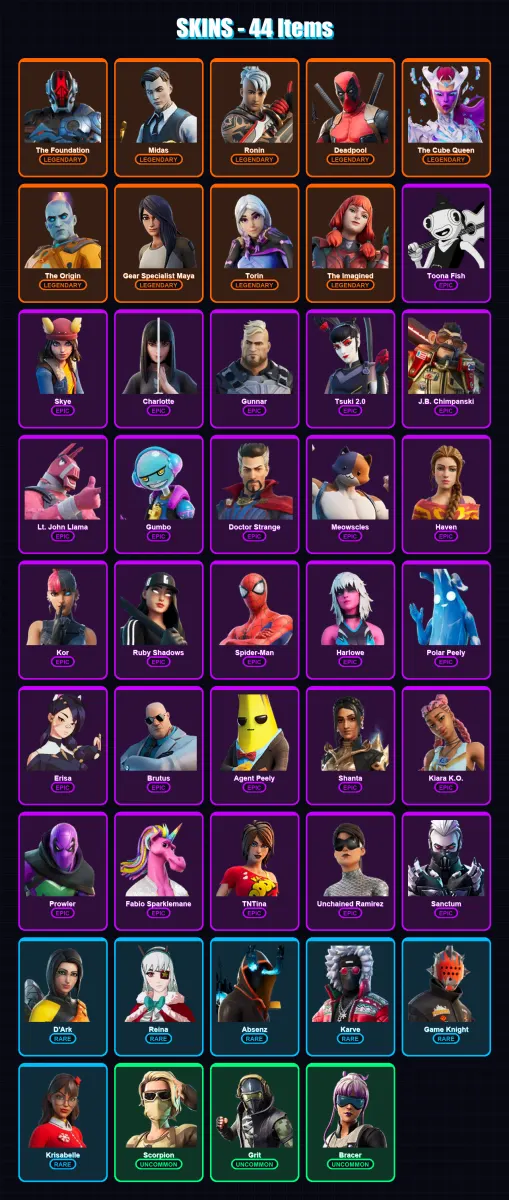 [PS4/PS5/XBOX/PC] | The Foundation | Midas | Ronin | Deadpool | The Cube Queen | 44 skin | 45 pickaxe | 55 emote | 43 glider | Lv866