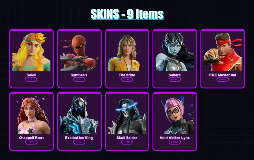 [PC/XBOX/PSN] | Soleil | Synthesis | The Bride | Sakara | FIRE Master Kai | 9 skin | 5 pickaxe | 2 emote | 5 glider | Lv13