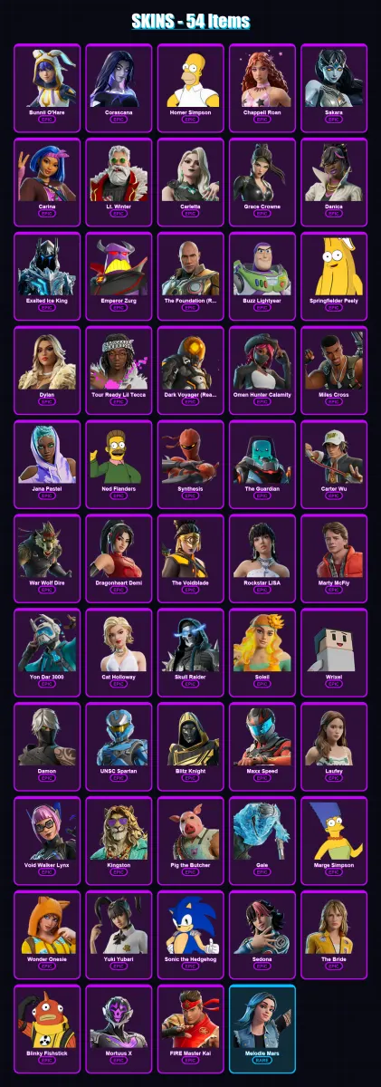 [PC/XBOX/PSN] | Bunnii O'Hare | Corascana | Homer Simpson | Chappell Roan | Sakara | 54 skin | 89 pickaxe | 38 emote | 46 glider | Lv510