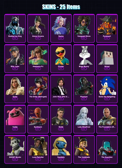 [PC/XBOX/PSN] | Exalted Ice King | Grace Crowne | Dasha | Vanguard Slone | Pyreheart | 25 skin | 44 pickaxe | 27 emote | 36 glider | Lv346