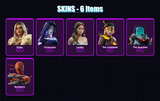 [PC/PSN] | Dylan | Corascana | Laufey | The Voidblade | The Guardian | 6 skin | 6 pickaxe | 1 emote | 4 glider | Lv8