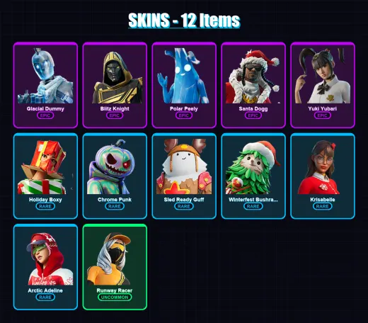 [SWITCH/XBOX/PSN/PC] | Glacial Dummy | Blitz Knight | Polar Peely | Santa Dogg | Yuki Yubari | 12 skin | 68 pickaxe | 38 emote | 54 glider | Lv947