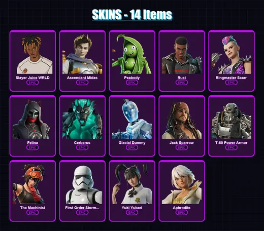 [PC/PSN] | Slayer Juice WRLD | Ascendant Midas | Peabody | Rust | Ringmaster Scarr | 14 skin | 55 pickaxe | 24 emote | 36 glider | Lv366 — Game account