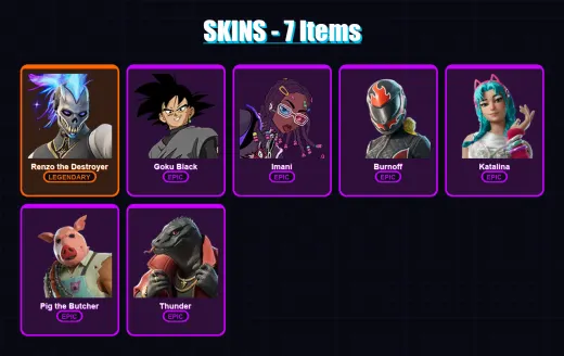 [PC/XBOX/PSN] | Renzo the Destroyer | Goku Black | Imani | Burnoff | Katalina | 7 skin | 25 pickaxe | 12 emote | 17 glider | Lv204