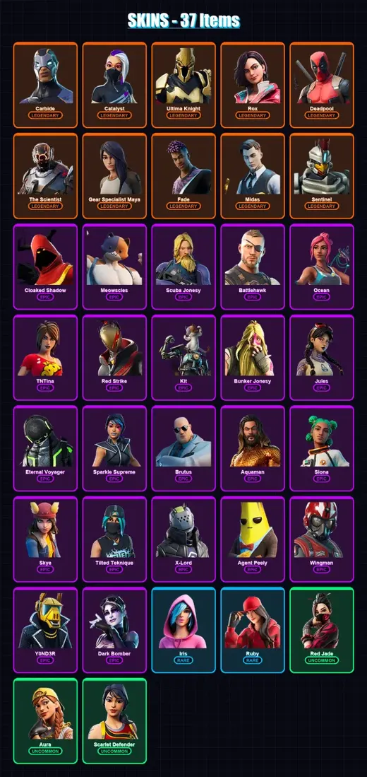 [PS4/PS5/XBOX/PC] | Carbide | Catalyst | Ultima Knight | Rox | Deadpool | 37 skin | 33 pickaxe | 47 emote | 42 glider | Lv479