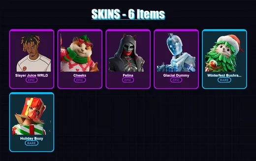 [PC/XBOX/PSN] | Slayer Juice WRLD | Cheeks | Felina | Glacial Dummy | Winterfest Bushranger | 6 skin | 30 pickaxe | 22 emote | 26 glider | Lv369