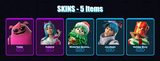 [PC/XBOX/PSN] | Yeddy | Katalina | Winterfest Bushranger | Jun-Hwan | Holiday Boxy | 5 skin | 6 pickaxe | 3 emote | 7 glider | Lv27