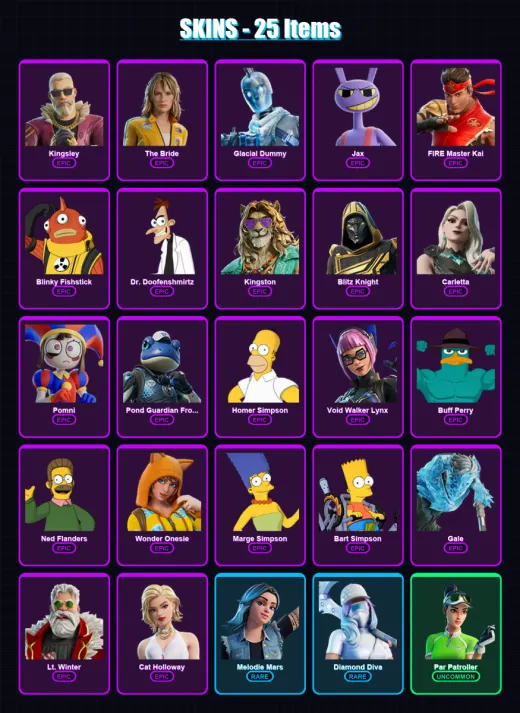 [PS4/PS5/XBOX/PC] | Kingsley | The Bride | Glacial Dummy | Jax | FIRE Master Kai | 25 skin | 65 pickaxe | 30 emote | 30 glider | Lv380