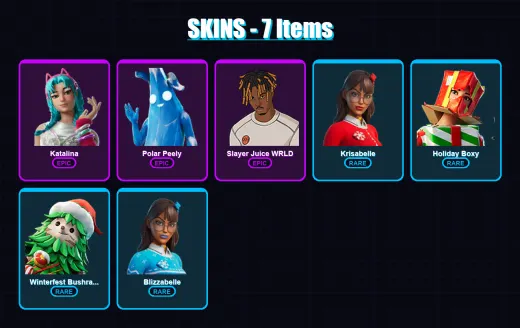 [PC/XBOX] | Katalina | Polar Peely | Slayer Juice WRLD | Krisabelle | Holiday Boxy | 7 skin | 9 pickaxe | 4 emote | 7 glider | Lv35