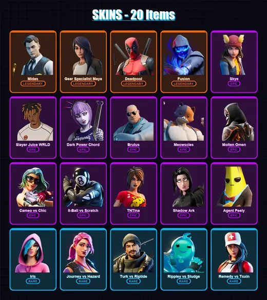 [PC/XBOX] | Midas | Gear Specialist Maya | Deadpool | Fusion | Skye | 20 skin | 28 pickaxe | 24 emote | 27 glider | Lv402