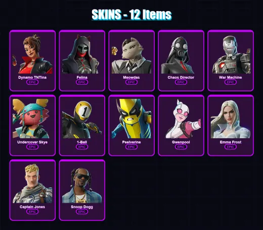 [PC/XBOX/PSN] | Dynamo TNTina | Felina | Meowdas | Chaos Director | War Machine | 12 skin | 22 pickaxe | 21 emote | 19 glider | Lv142
