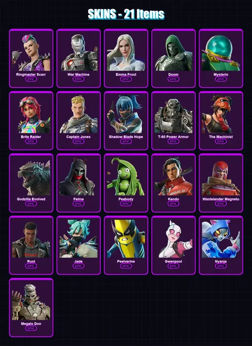[PC/XBOX/PSN] | Ringmaster Scarr | War Machine | Emma Frost | Doom | Mysterio | 21 skin | 37 pickaxe | 25 emote | 29 glider | Lv334
