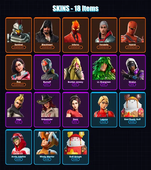 [PC/XBOX] | Sentinel | Blackheart | Inferno | Vendetta | Hybrid | 18 skin | 18 pickaxe | 34 emote | 24 glider | Lv403