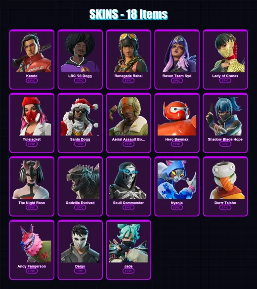 [PC/XBOX] | Kendo | LBC '93 Dogg | Renegade Rebel | Raven Team Syd | Lady of Cranes | 18 skin | 27 pickaxe | 14 emote | 17 glider | Lv147 — Game account