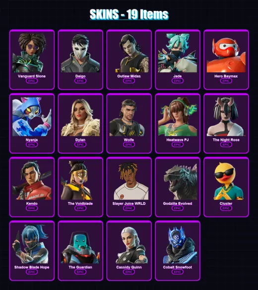 [PS4/PS5/XBOX/PC] | Vanguard Slone | Daigo | Outlaw Midas | Jade | Hero Baymax | 19 skin | 62 pickaxe | 36 emote | 44 glider | Lv500