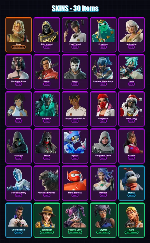 [PS4/PS5/PC] | Zeus | Blitz Knight | Yuki Yubari | Poseidon | Aphrodite | 30 skin | 92 pickaxe | 48 emote | 67 glider | Lv1063