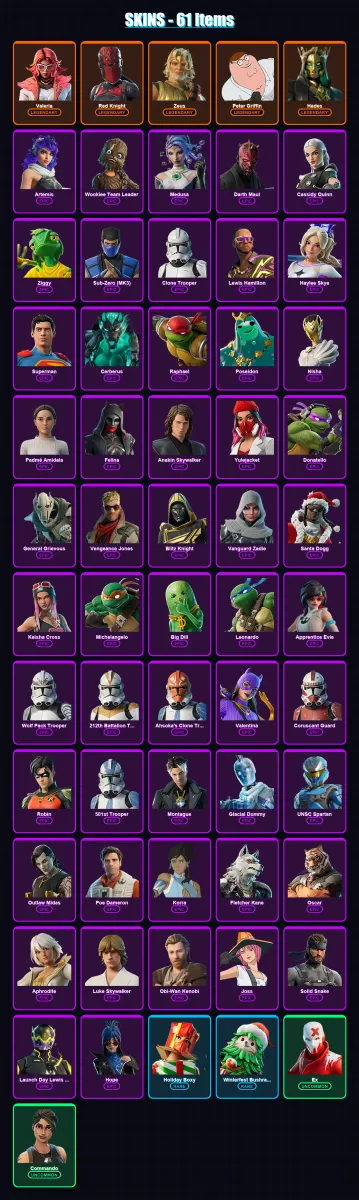 [PS4/PS5/XBOX/PC] | Valeria | Red Knight | Zeus | Peter Griffin | Hades | 61 skin | 113 pickaxe | 56 emote | 75 glider | Lv968