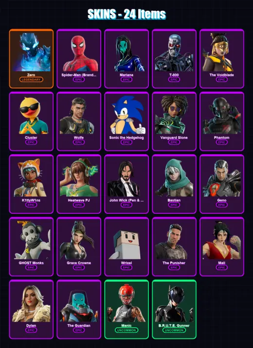 [SWITCH/XBOX/PSN/PC] | Zero | Spider-Man (Brand New Day) | Mariana | T-800 | The Voidblade | 24 skin | 33 pickaxe | 23 emote | 27 glider | Lv450