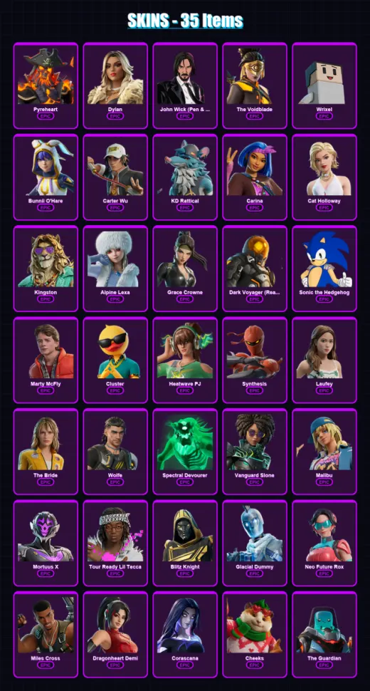 [PC/PSN] | Pyreheart | Dylan | John Wick (Pen & Ink) | The Voidblade | Wrixel | 35 skin | 68 pickaxe | 42 emote | 49 glider | Lv494