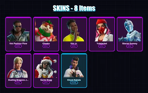 [PS4/PS5/XBOX/PC] | Vini Fashion Flow | Cheeks | Vini Jr. | Yulejacket | Glacial Dummy | 8 skin | 42 pickaxe | 15 emote | 30 glider | Lv348