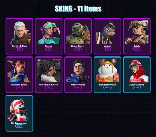 [PS4/PS5/XBOX/PC] | Geralt of Rivia | Selene | Doom Slayer | Massai | Sylvie | 11 skin | 14 pickaxe | 6 emote | 11 glider | Lv58