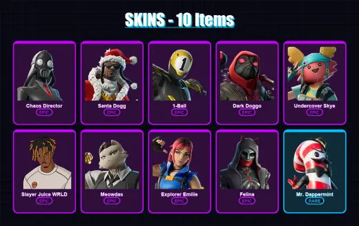 [PS4/PS5/XBOX/PC] | Chaos Director | Santa Dogg | 1-Ball | Dark Doggo | Undercover Skye | 10 skin | 16 pickaxe | 10 emote | 11 glider | Lv126
