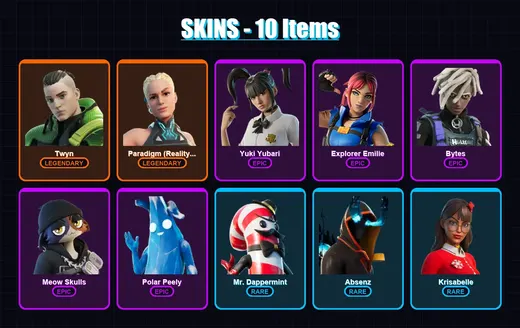 [PC/XBOX/PSN] | Twyn | Paradigm (Reality-659) | Yuki Yubari | Explorer Emilie | Bytes | 10 skin | 13 pickaxe | 8 emote | 13 glider | Lv155 — Game account