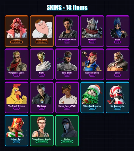 [PC/PSN] | Valeria | Peter Griffin | The Weeknd Combat | Shredder | Hope | 18 skin | 33 pickaxe | 20 emote | 18 glider | Lv246