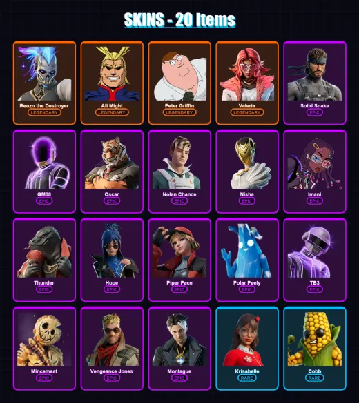 [PC/XBOX/PSN] | Renzo the Destroyer | All Might | Peter Griffin | Valeria | Solid Snake | 20 skin | 36 pickaxe | 24 emote | 28 glider | Lv304