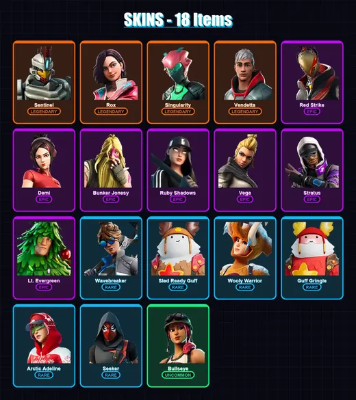 [PC/XBOX/PSN] | Sentinel | Rox | Singularity | Vendetta | Red Strike | 18 skin | 24 pickaxe | 26 emote | 25 glider | Lv398