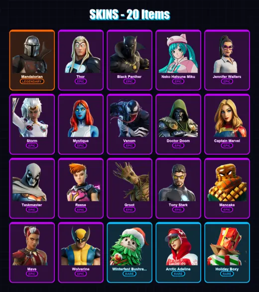[PC/PSN] | Mandalorian | Thor | Black Panther | Neko Hatsune Miku | Jennifer Walters | 20 skin | 49 pickaxe | 34 emote | 41 glider | Lv439