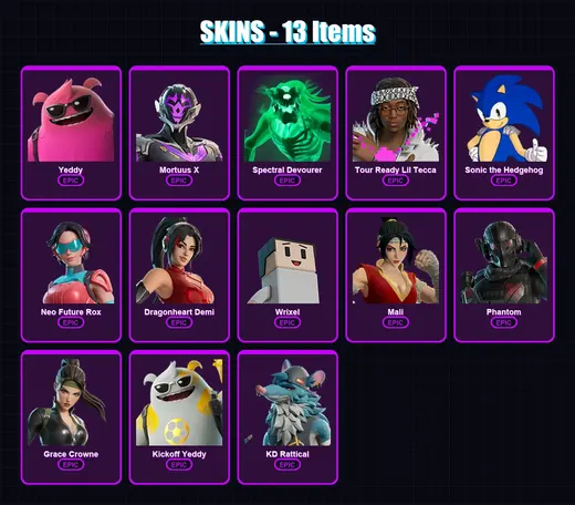 [PC/XBOX/PSN] | Yeddy | Mortuus X | Spectral Devourer | Tour Ready Lil Tecca | Sonic the Hedgehog | 13 skin | 21 pickaxe | 6 emote | 15 glider | Lv1