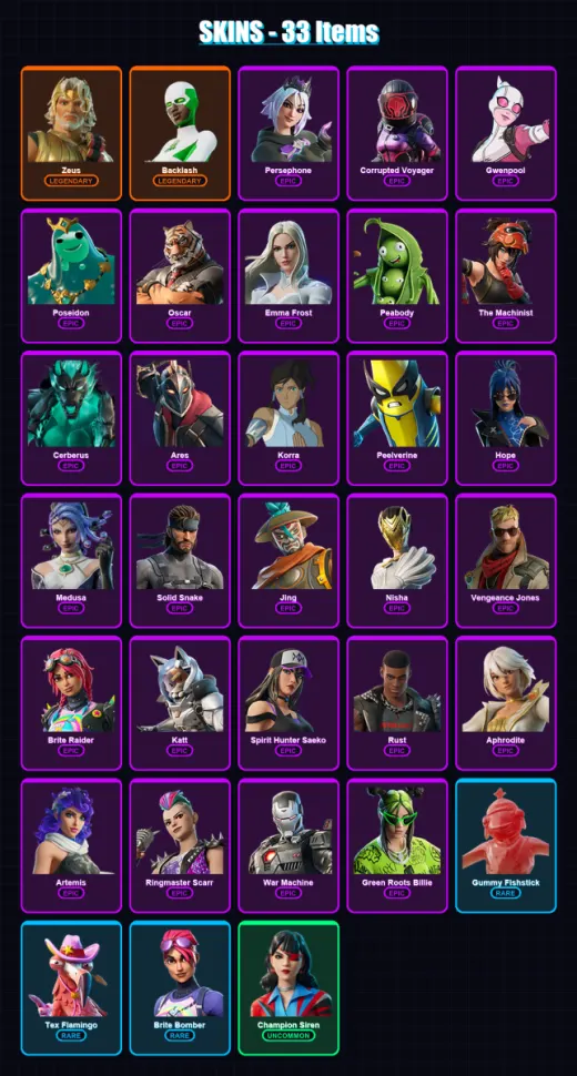 [PC/PSN] | Zeus | Backlash | Persephone | Corrupted Voyager | Gwenpool | 33 skin | 38 pickaxe | 34 emote | 31 glider | Lv383
