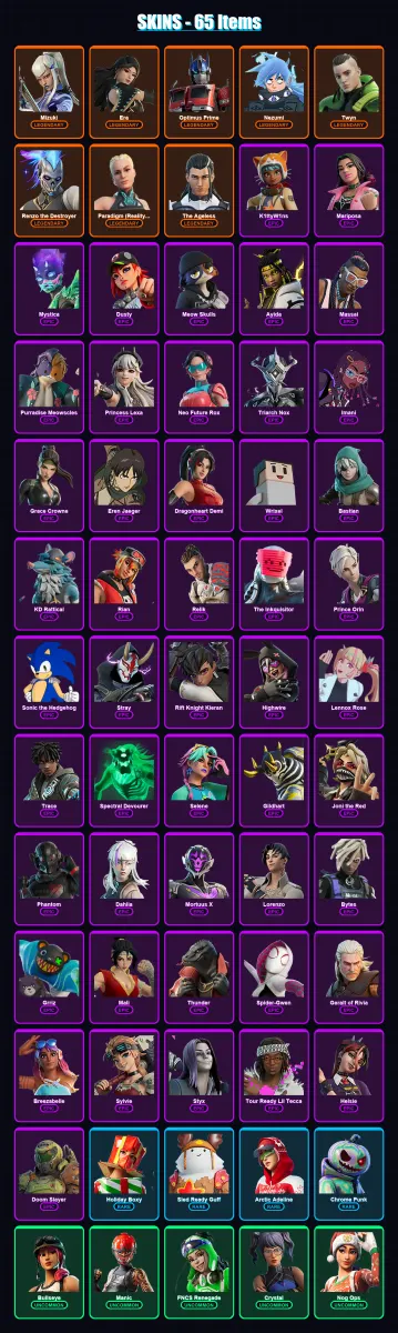 [PC/PSN] | Mizuki | Era | Optimus Prime | Nezumi | Twyn | 65 skin | 83 pickaxe | 64 emote | 62 glider | Lv1060