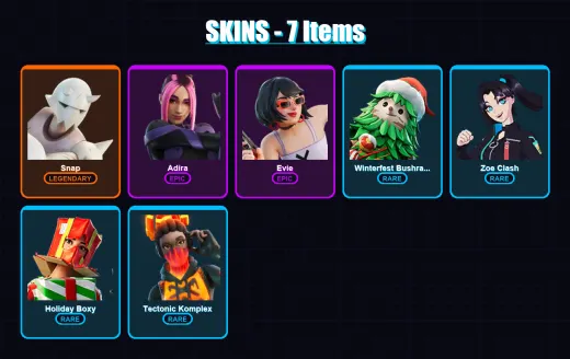 [PC] | Snap | Adira | Evie | Winterfest Bushranger | Zoe Clash | 7 skin | 13 pickaxe | 13 emote | 13 glider | Lv281